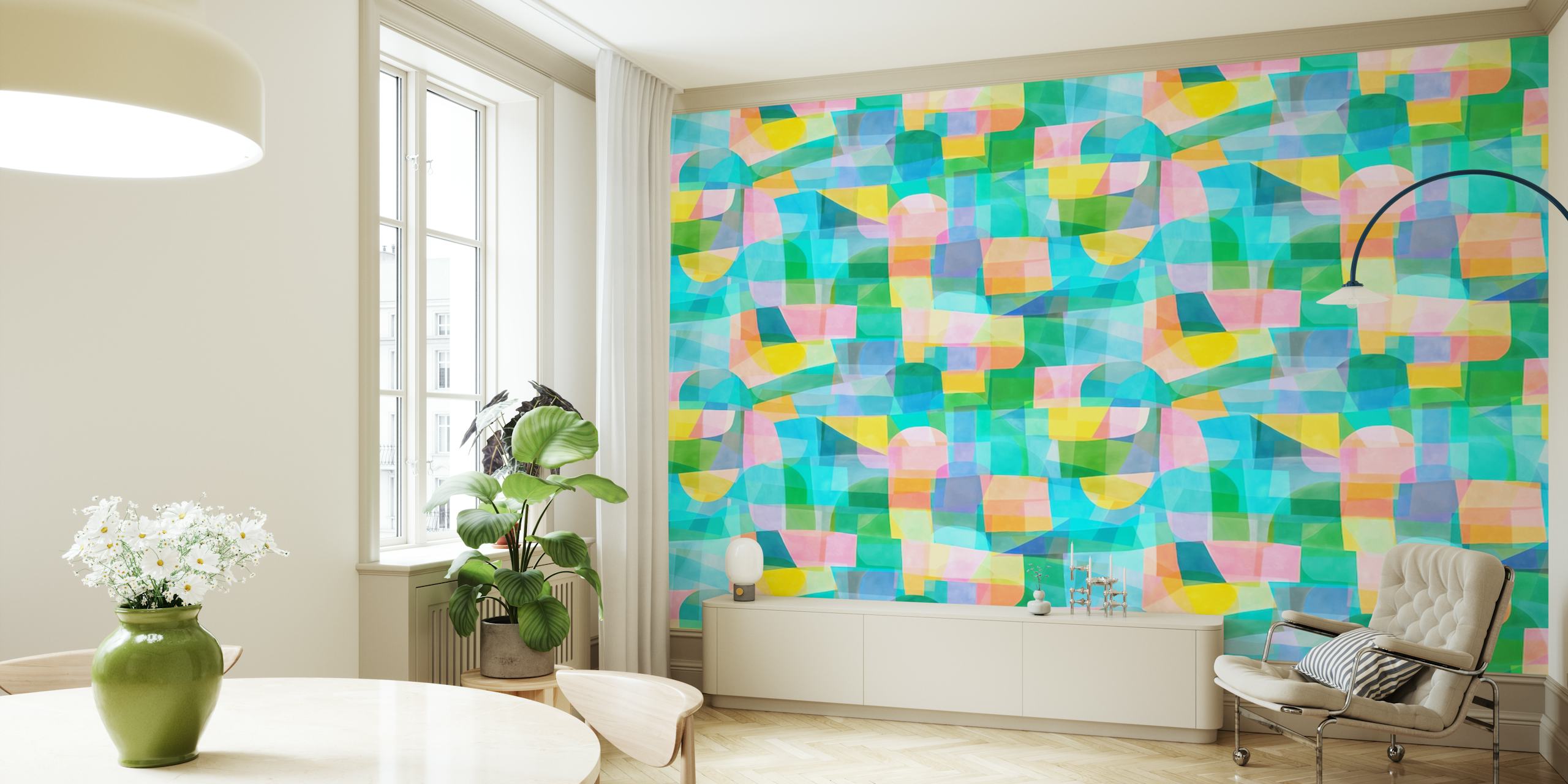 Colorful abstract geometric shapes in pastel pink, green and blue wallpaper